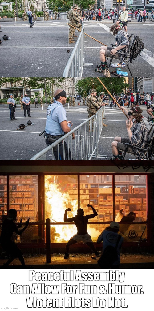 Fun Or Destruction? No Room For Both | Peaceful Assembly Can Allow For Fun & Humor. Violent Riots Do Not. | image tagged in protest,angry mob | made w/ Imgflip meme maker