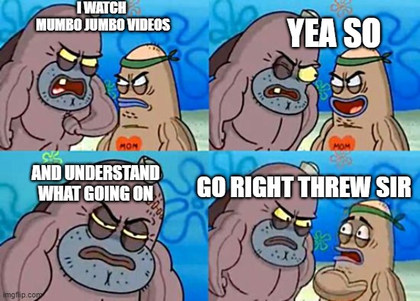 Welcome to the Salty Spitoon | I WATCH  MUMBO JUMBO VIDEOS; YEA SO; GO RIGHT THREW SIR; AND UNDERSTAND WHAT GOING ON | image tagged in welcome to the salty spitoon | made w/ Imgflip meme maker