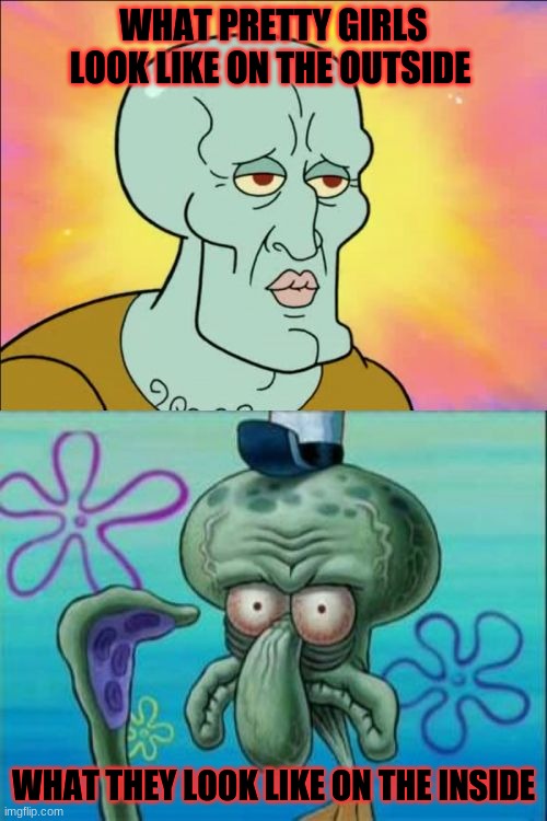Pretty girls fake | WHAT PRETTY GIRLS LOOK LIKE ON THE OUTSIDE; WHAT THEY LOOK LIKE ON THE INSIDE | image tagged in memes,squidward | made w/ Imgflip meme maker