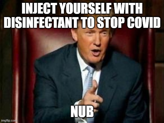 Donald Trump | INJECT YOURSELF WITH DISINFECTANT TO STOP COVID; NUB | image tagged in donald trump | made w/ Imgflip meme maker