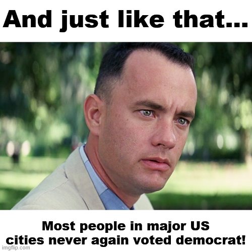 Would you vote to have your city destroyed again? | And just like that... Most people in major US cities never again voted democrat! | image tagged in memes,and just like that,us cities,stupid liberals,riots and looting,capitol hill | made w/ Imgflip meme maker