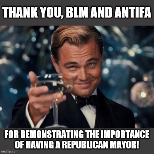 Maybe 2020 isn't all bad! | THANK YOU, BLM AND ANTIFA; FOR DEMONSTRATING THE IMPORTANCE OF HAVING A REPUBLICAN MAYOR! | image tagged in memes,leonardo dicaprio cheers,blm,antifa,republican mayors,stupid liberals | made w/ Imgflip meme maker