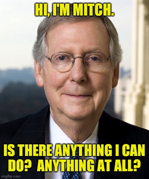 Mitch McConnel | HI, I'M MITCH. IS THERE ANYTHING I CAN
DO?  ANYTHING AT ALL? | image tagged in mitch mcconnel | made w/ Imgflip meme maker