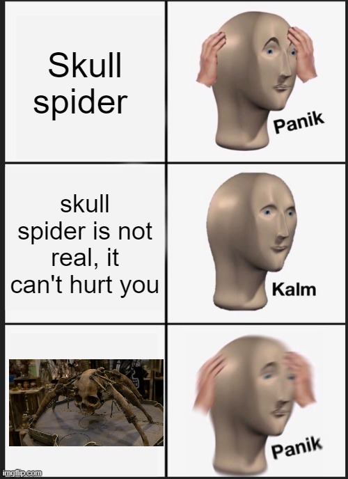 skull spider | Skull spider; skull spider is not real, it can't hurt you | image tagged in memes,panik kalm panik | made w/ Imgflip meme maker