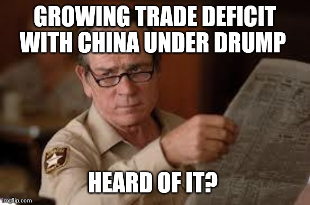 no country for old men tommy lee jones | GROWING TRADE DEFICIT WITH CHINA UNDER DRUMP HEARD OF IT? | image tagged in no country for old men tommy lee jones | made w/ Imgflip meme maker