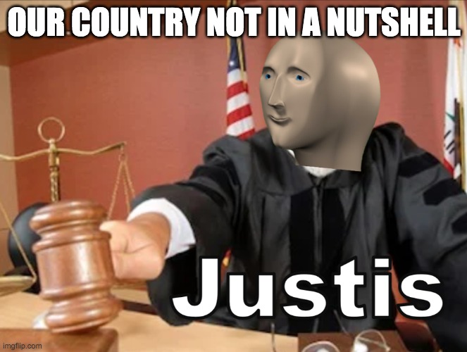 Meme man Justis | OUR COUNTRY NOT IN A NUTSHELL | image tagged in meme man justis | made w/ Imgflip meme maker