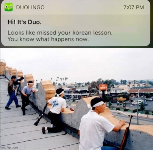Rooftop Duolingo | image tagged in duolingo,rooftop koreans,guns | made w/ Imgflip meme maker
