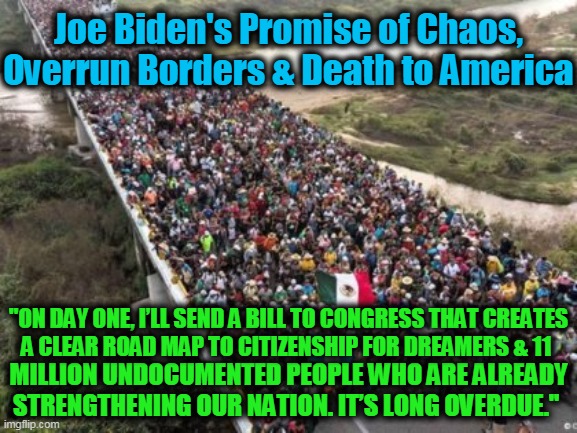 Democratic Socialism Would Lead to the Death of America | Joe Biden's Promise of Chaos,
Overrun Borders & Death to America; "ON DAY ONE, I’LL SEND A BILL TO CONGRESS THAT CREATES
A CLEAR ROAD MAP TO CITIZENSHIP FOR DREAMERS & 11; MILLION UNDOCUMENTED PEOPLE WHO ARE ALREADY STRENGTHENING OUR NATION. IT’S LONG OVERDUE." | image tagged in politics,democratic socialism,democratic party,liberalism,insanity,mental illness | made w/ Imgflip meme maker