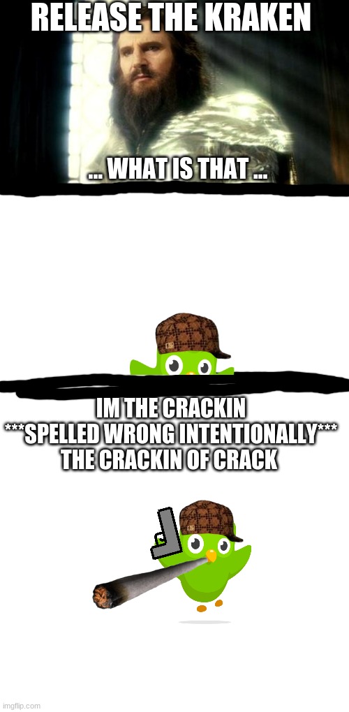 RELEASE THE KRAKEN; ... WHAT IS THAT ... IM THE CRACKIN ***SPELLED WRONG INTENTIONALLY*** THE CRACKIN OF CRACK | image tagged in blank white template,release the kraken | made w/ Imgflip meme maker