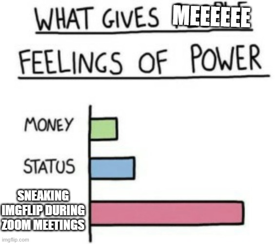 hehehehe >:3 | MEEEEEE; SNEAKING IMGFLIP DURING ZOOM MEETINGS | image tagged in what gives people feelings of power | made w/ Imgflip meme maker