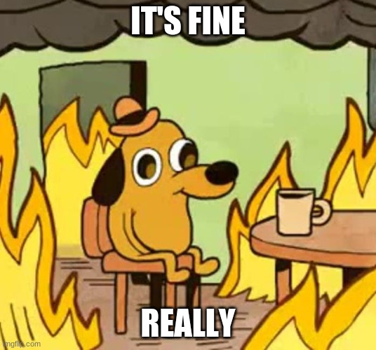 its fine | IT'S FINE; REALLY | image tagged in its fine | made w/ Imgflip meme maker