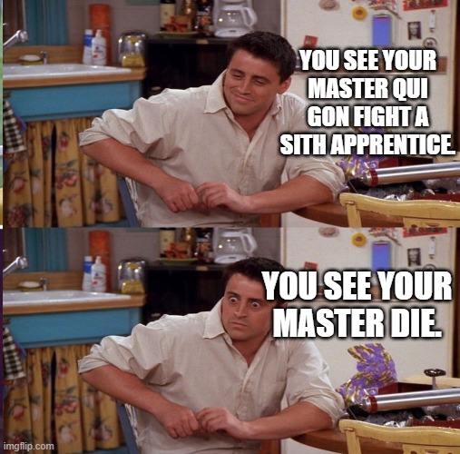 YOU SEE YOUR MASTER QUI GON FIGHT A SITH APPRENTICE. YOU SEE YOUR MASTER DIE. | image tagged in memes | made w/ Imgflip meme maker