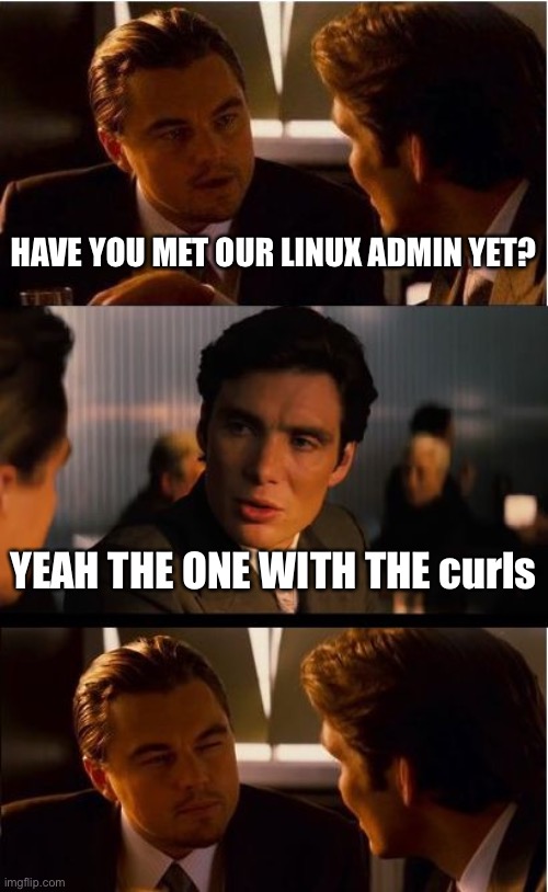 Inception Meme | HAVE YOU MET OUR LINUX ADMIN YET? YEAH THE ONE WITH THE curls | image tagged in memes,inception | made w/ Imgflip meme maker