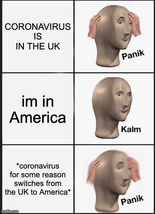 Don't say anything about it or you will regret it ;-; | CORONAVIRUS IS IN THE UK; im in America; *coronavirus for some reason switches from the UK to America* | image tagged in memes,panik kalm panik | made w/ Imgflip meme maker