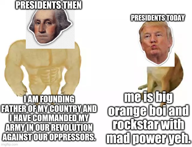 Presidents | PRESIDENTS THEN; PRESIDENTS TODAY; me is big orange boi and rockstar with mad power yeh. I AM FOUNDING FATHER OF MY COUNTRY AND I HAVE COMMANDED MY ARMY IN OUR REVOLUTION AGAINST OUR OPPRESSORS. | image tagged in buff doge vs cheems | made w/ Imgflip meme maker