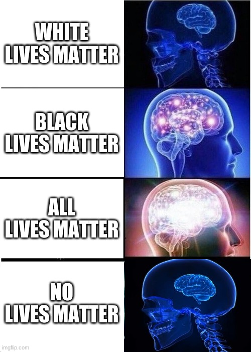 expanding #blm brain but the last panel is a small brain again | WHITE LIVES MATTER; BLACK LIVES MATTER; ALL LIVES MATTER; NO LIVES MATTER | image tagged in memes,expanding brain | made w/ Imgflip meme maker