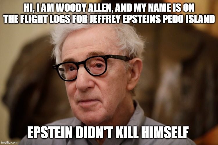 Woody Epstein | HI, I AM WOODY ALLEN, AND MY NAME IS ON THE FLIGHT LOGS FOR JEFFREY EPSTEINS PEDO ISLAND; EPSTEIN DIDN'T KILL HIMSELF | image tagged in jeffrey epstein,woody allen,pedophiles | made w/ Imgflip meme maker