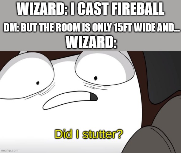 fireball go fwoosh | WIZARD: I CAST FIREBALL; DM: BUT THE ROOM IS ONLY 15FT WIDE AND... WIZARD: | image tagged in did i stutter | made w/ Imgflip meme maker