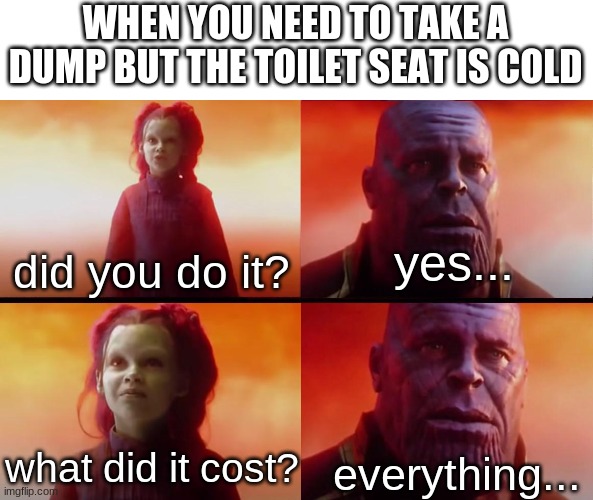 so much pain | WHEN YOU NEED TO TAKE A DUMP BUT THE TOILET SEAT IS COLD; yes... did you do it? what did it cost? everything... | image tagged in thanos what did it cost,funny,memes | made w/ Imgflip meme maker