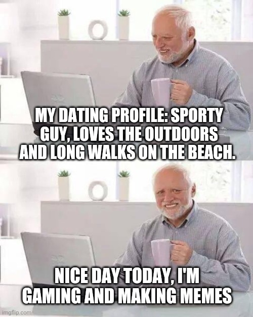 Sporty Harold | MY DATING PROFILE: SPORTY GUY, LOVES THE OUTDOORS AND LONG WALKS ON THE BEACH. NICE DAY TODAY, I'M GAMING AND MAKING MEMES | image tagged in memes,hide the pain harold | made w/ Imgflip meme maker