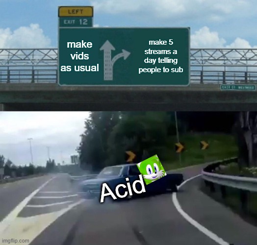 acid | make vids as usual; make 5 streams a day telling people to sub; Acid | image tagged in memes,left exit 12 off ramp | made w/ Imgflip meme maker