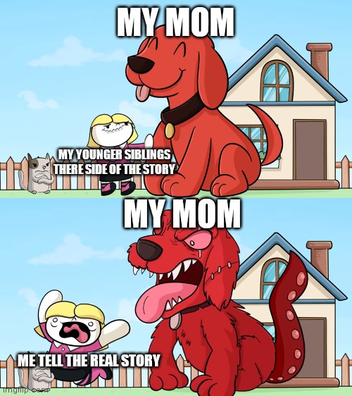 MY MOM; MY YOUNGER SIBLINGS THERE SIDE OF THE STORY; MY MOM; ME TELL THE REAL STORY | image tagged in original meme | made w/ Imgflip meme maker
