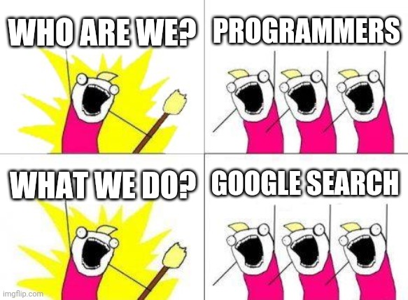 What we do??? | WHO ARE WE? PROGRAMMERS; WHAT WE DO? GOOGLE SEARCH | image tagged in memes,what do we want | made w/ Imgflip meme maker