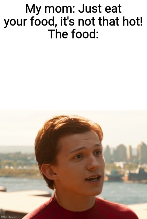 My mom: Just eat your food, it's not that hot!
The food: | image tagged in blank white template,tom holland spider-man | made w/ Imgflip meme maker