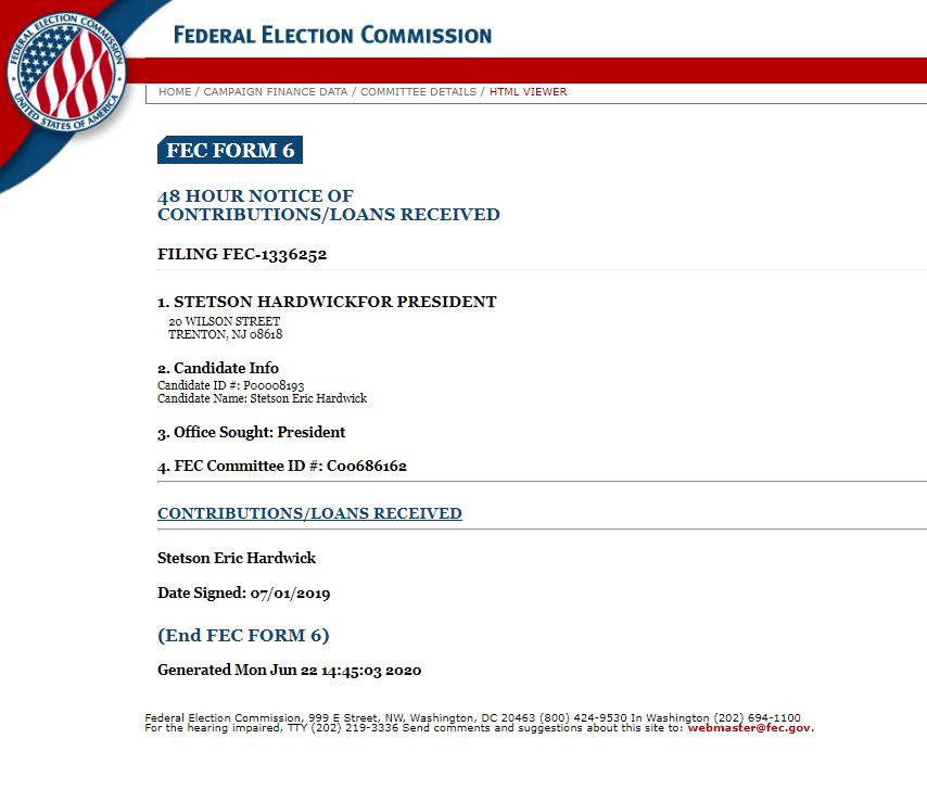 FEC Form 6 Stetson Hardwick Blank Meme Template