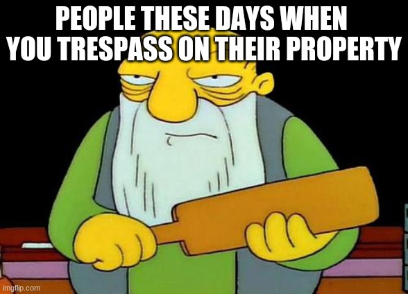 That's a paddlin' | PEOPLE THESE DAYS WHEN 
YOU TRESPASS ON THEIR PROPERTY | image tagged in memes,that's a paddlin' | made w/ Imgflip meme maker