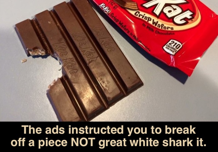 “Gimme-a-Break...” | The ads instructed you to break off a piece NOT great white shark it. | image tagged in kit kat,funny memes | made w/ Imgflip meme maker