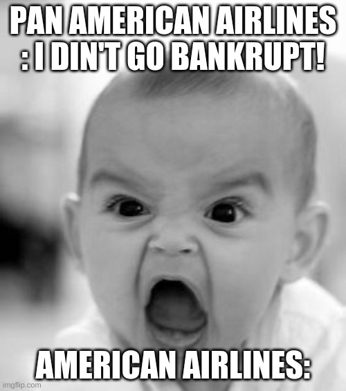 Angry Baby Meme | PAN AMERICAN AIRLINES : I DIN'T GO BANKRUPT! AMERICAN AIRLINES: | image tagged in memes,angry baby | made w/ Imgflip meme maker
