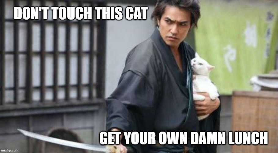 No Touch | DON'T TOUCH THIS CAT; GET YOUR OWN DAMN LUNCH | image tagged in samurai protecting cat,cats,memes,funny | made w/ Imgflip meme maker