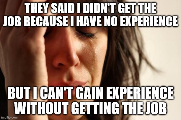 First World Problems | THEY SAID I DIDN'T GET THE JOB BECAUSE I HAVE NO EXPERIENCE; BUT I CAN'T GAIN EXPERIENCE WITHOUT GETTING THE JOB | image tagged in memes,first world problems | made w/ Imgflip meme maker