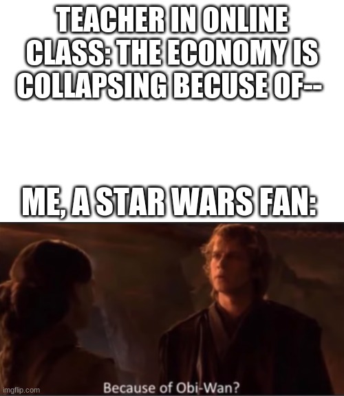 teh economy | TEACHER IN ONLINE CLASS: THE ECONOMY IS COLLAPSING BECUSE OF--; ME, A STAR WARS FAN: | image tagged in because of obi-wan | made w/ Imgflip meme maker