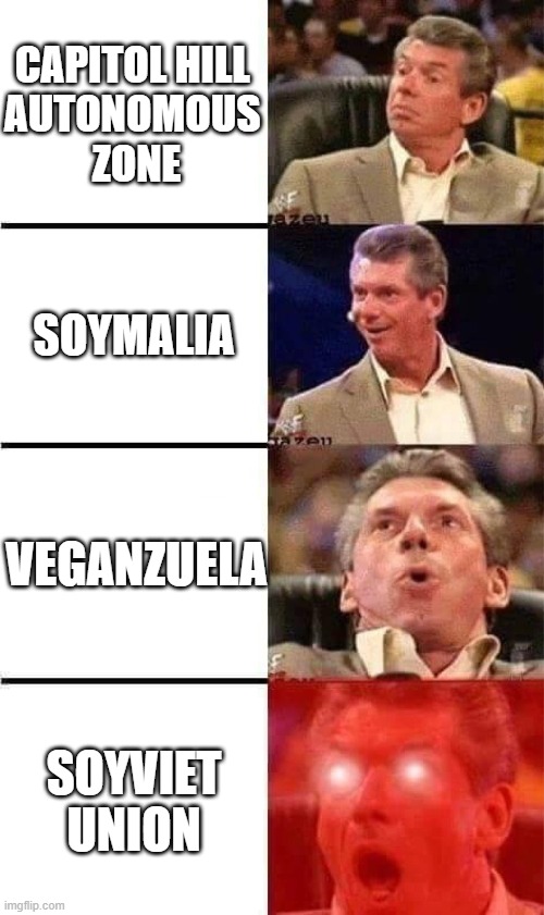 Chaz Nicknames | CAPITOL HILL 
AUTONOMOUS 
ZONE; SOYMALIA; VEGANZUELA; SOYVIET
UNION | image tagged in vince mcmahon reaction w/glowing eyes | made w/ Imgflip meme maker