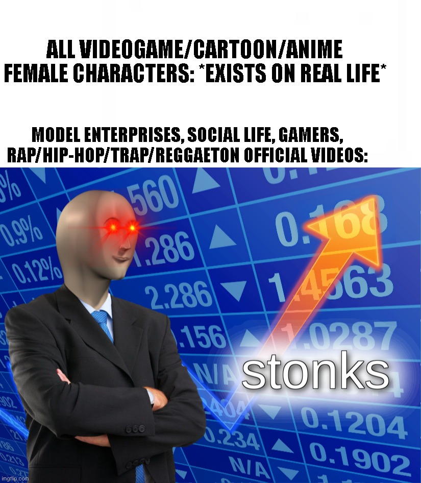 This is real shit if it does happens XD |  ALL VIDEOGAME/CARTOON/ANIME FEMALE CHARACTERS: *EXISTS ON REAL LIFE*; MODEL ENTERPRISES, SOCIAL LIFE, GAMERS, RAP/HIP-HOP/TRAP/REGGAETON OFFICIAL VIDEOS: | image tagged in stonks,video games,waifu,quarantine | made w/ Imgflip meme maker