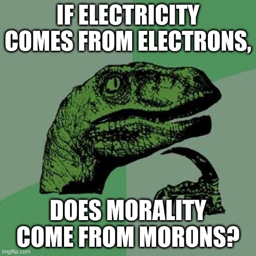 yes, i believe it does. | IF ELECTRICITY COMES FROM ELECTRONS, DOES MORALITY COME FROM MORONS? | image tagged in memes,philosoraptor,funny | made w/ Imgflip meme maker