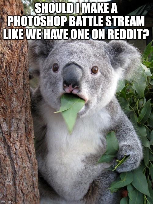 PHOTOSHOP BATTLE | SHOULD I MAKE A PHOTOSHOP BATTLE STREAM LIKE WE HAVE ONE ON REDDIT? | image tagged in memes,surprised koala | made w/ Imgflip meme maker