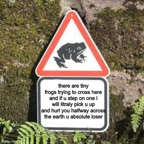 iTS FROG SEASON | there are tiny frogs trying to cross here and if u step on one i will litraly pick u up and hurl you halfway across the earth u absolute loser | image tagged in frogfrogfrogfrogfrog | made w/ Imgflip meme maker