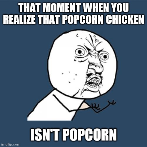 Y U No Meme | THAT MOMENT WHEN YOU REALIZE THAT POPCORN CHICKEN; ISN'T POPCORN | image tagged in memes,y u no | made w/ Imgflip meme maker