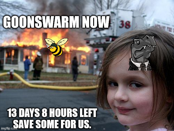 Disaster Girl Meme | GOONSWARM NOW; 13 DAYS 8 HOURS LEFT

SAVE SOME FOR US. | image tagged in memes,disaster girl | made w/ Imgflip meme maker