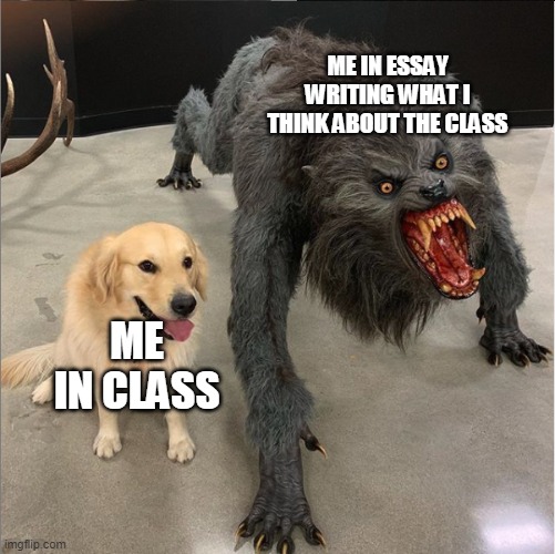 Me irl | ME IN ESSAY WRITING WHAT I THINK ABOUT THE CLASS; ME IN CLASS | image tagged in dog vs werewolf,me irl,class,essay,writing | made w/ Imgflip meme maker