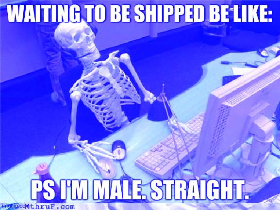 loneliness can only go so far | WAITING TO BE SHIPPED BE LIKE:; PS I'M MALE. STRAIGHT. | image tagged in waiting skeleton | made w/ Imgflip meme maker