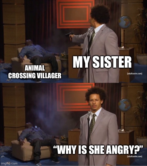 Who Killed Hannibal | MY SISTER; ANIMAL CROSSING VILLAGER; “WHY IS SHE ANGRY?” | image tagged in memes,who killed hannibal | made w/ Imgflip meme maker