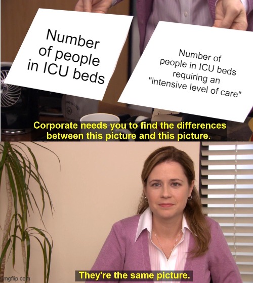 They're The Same Picture Meme | Number of people in ICU beds; Number of people in ICU beds requiring an "intensive level of care" | image tagged in memes,they're the same picture | made w/ Imgflip meme maker