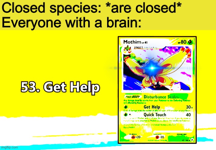 mothim get help deep fried | Closed species: *are closed*
Everyone with a brain: | image tagged in mothim get help deep fried | made w/ Imgflip meme maker