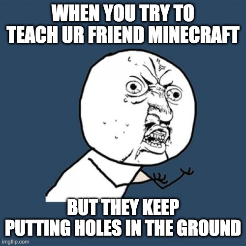 Bruh... | WHEN YOU TRY TO TEACH UR FRIEND MINECRAFT; BUT THEY KEEP PUTTING HOLES IN THE GROUND | image tagged in memes,y u no,minecraft | made w/ Imgflip meme maker