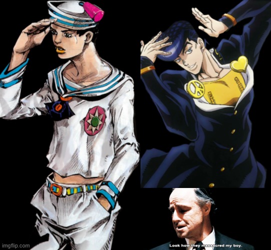 The JJL Josuke image was supposed to be on the left (viewer's right) of the DiU image... | image tagged in look how they massacred my boy | made w/ Imgflip meme maker