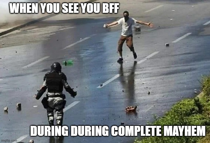 Sometimes Cool Shit Happens | WHEN YOU SEE YOU BFF; DURING DURING COMPLETE MAYHEM | image tagged in bff,memes,funny,funny memes,mayhem | made w/ Imgflip meme maker